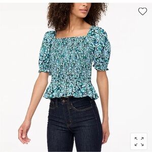 J. Crew Blue and Black Puff Sleeve Floral Blouse Size L